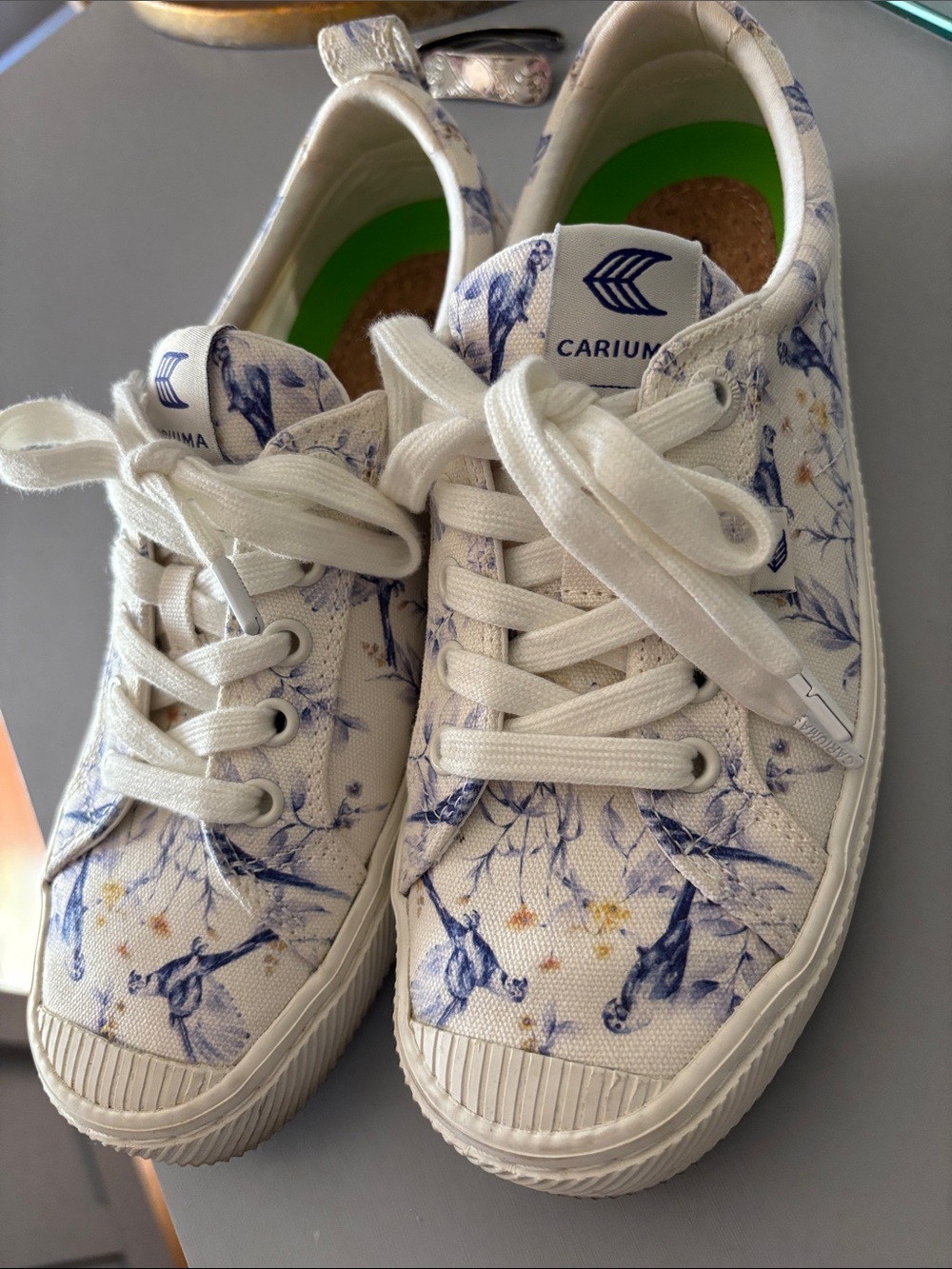 Cariuma Women’s White Canvas Sneakers with Blue Bird & Floral Print, 8